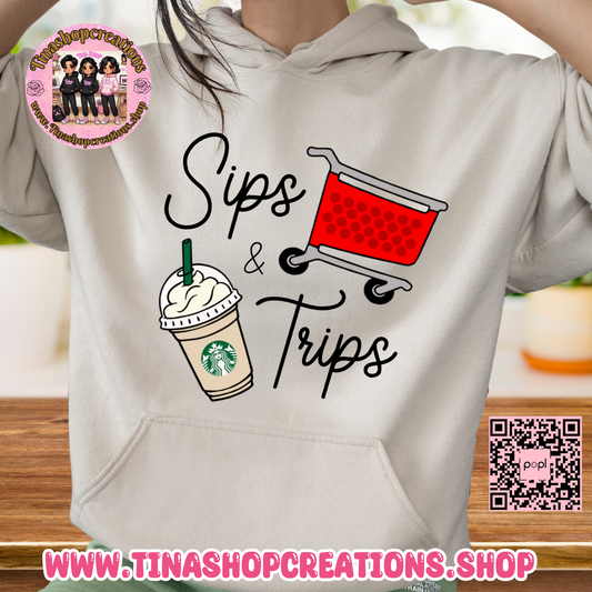 Diseño de compras para amantes del café Sips and Trips, camisetas con gráficos: disponibles en camiseta, suéter o sudadera con capucha