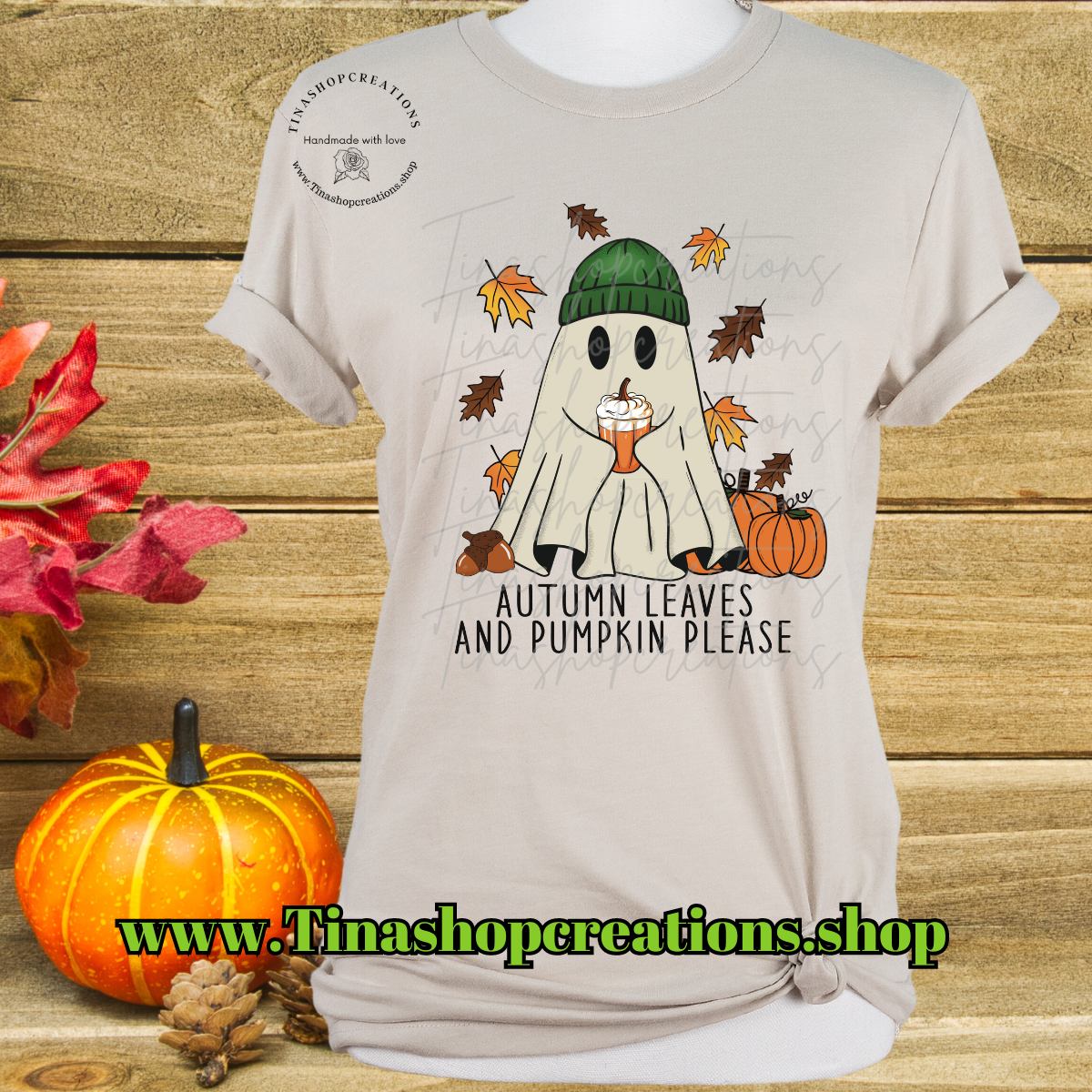 Gorro fantasma con hojas de otoño y calabaza: ropa acogedora de otoño para los amantes de las especias de calabaza, las especias de calabaza y las vibraciones de otoño.