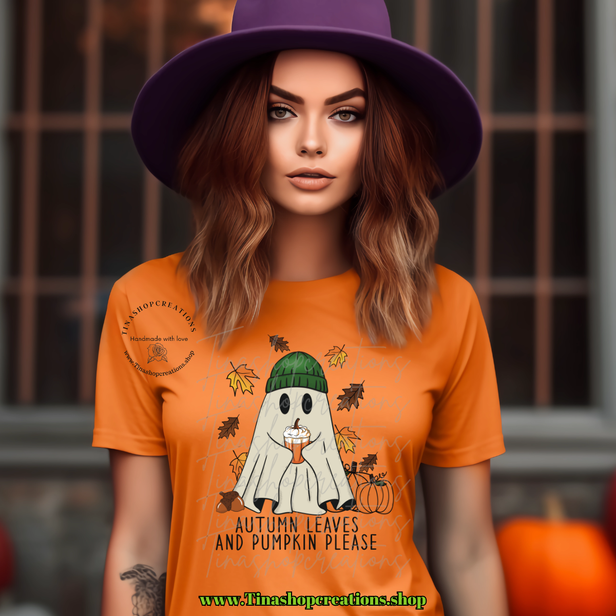 Gorro fantasma con hojas de otoño y calabaza: ropa acogedora de otoño para los amantes de las especias de calabaza, las especias de calabaza y las vibraciones de otoño.