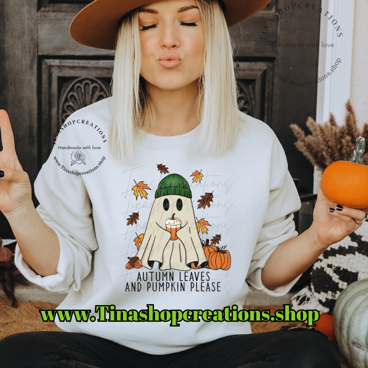 Gorro fantasma con hojas de otoño y calabaza: ropa acogedora de otoño para los amantes de las especias de calabaza, las especias de calabaza y las vibraciones de otoño.