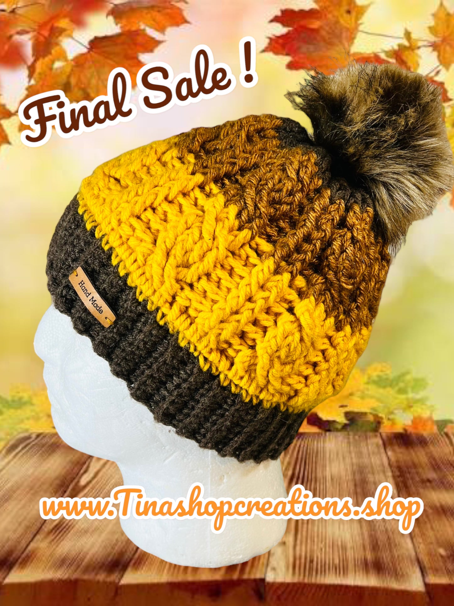 Gorro de punto trenzado de crochet de edición limitada: ¡última pieza, venta final! Sombrero marrón, amarillo y miel hecho a mano