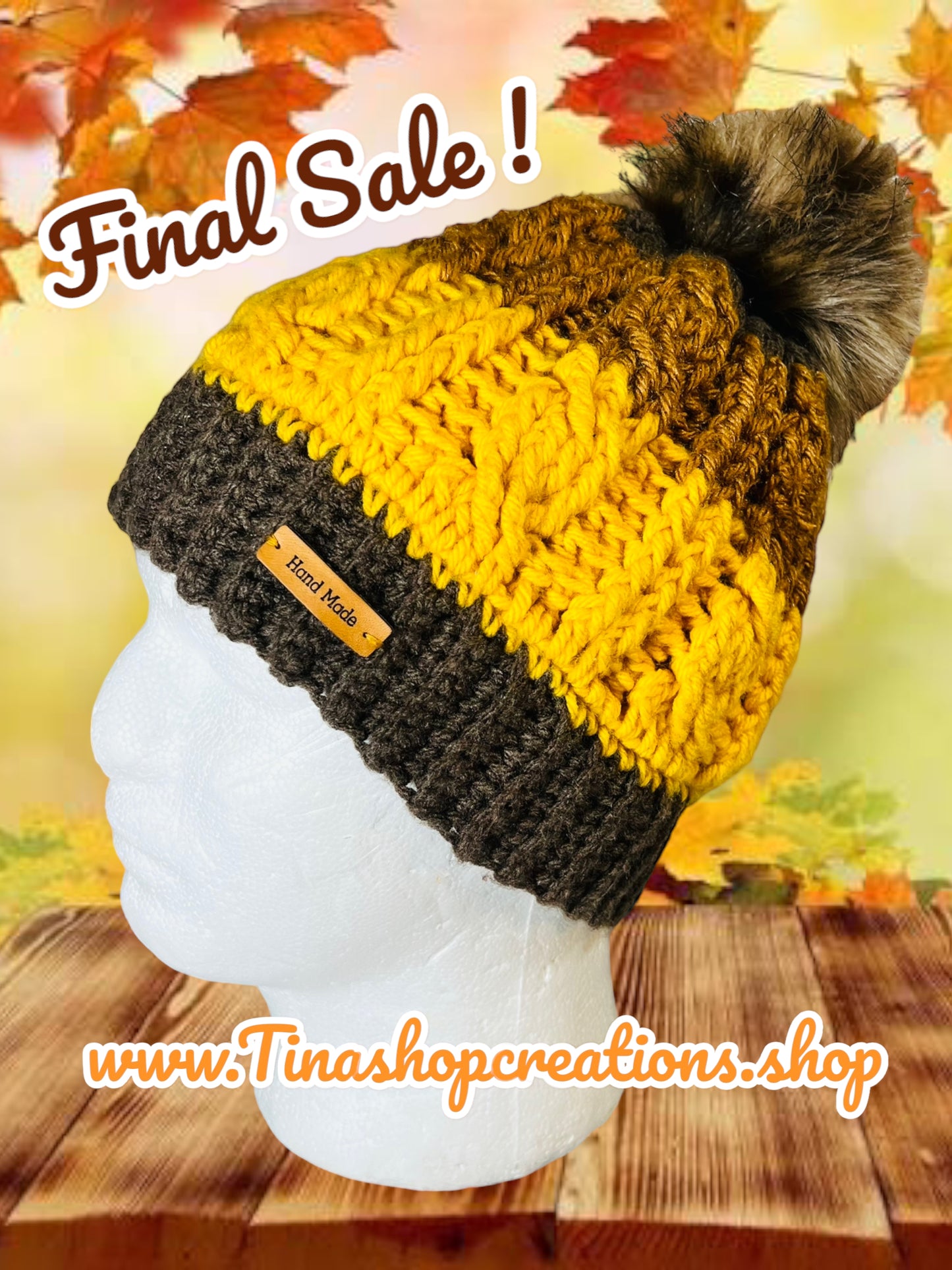 Gorro de punto trenzado de crochet de edición limitada: ¡última pieza, venta final! Sombrero marrón, amarillo y miel hecho a mano