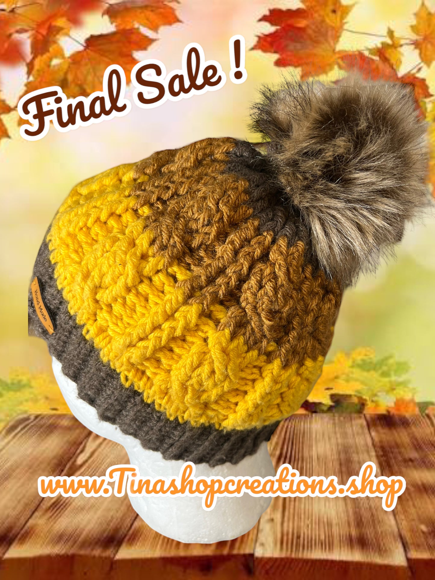 Gorro de punto trenzado de crochet de edición limitada: ¡última pieza, venta final! Sombrero marrón, amarillo y miel hecho a mano