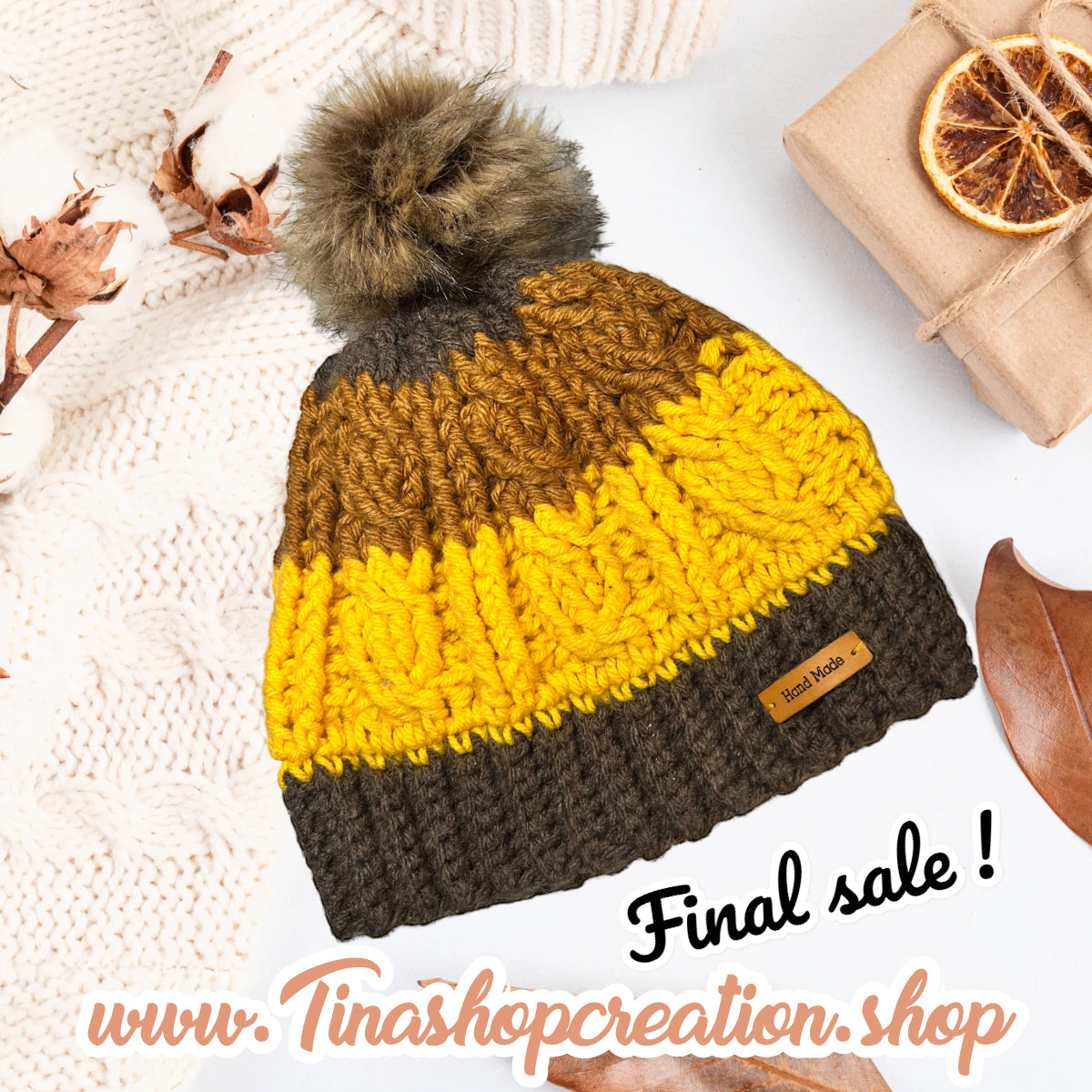 Gorro de punto trenzado de crochet de edición limitada: ¡última pieza, venta final! Sombrero marrón, amarillo y miel hecho a mano