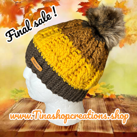 Gorro de punto trenzado de crochet de edición limitada: ¡última pieza, venta final! Sombrero marrón, amarillo y miel hecho a mano