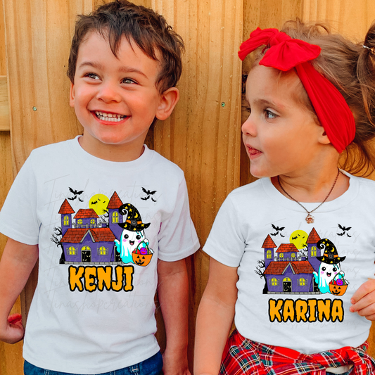 Casa espeluznante y linda camisa o mono de Halloween con truco o trato de fantasmas: personalizado con el nombre del niño, traje para niños de Halloween.